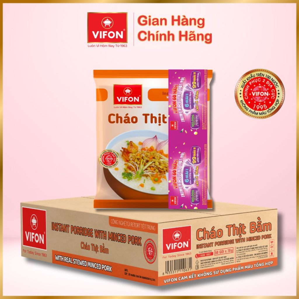 Thùng 50 gói Cháo Thịt Bò/ Thịt Bằm/ Sườn/ Trứng Muối/ Nấm Đông Cô VIFON có Gói Thịt Thật  70gr / Gói