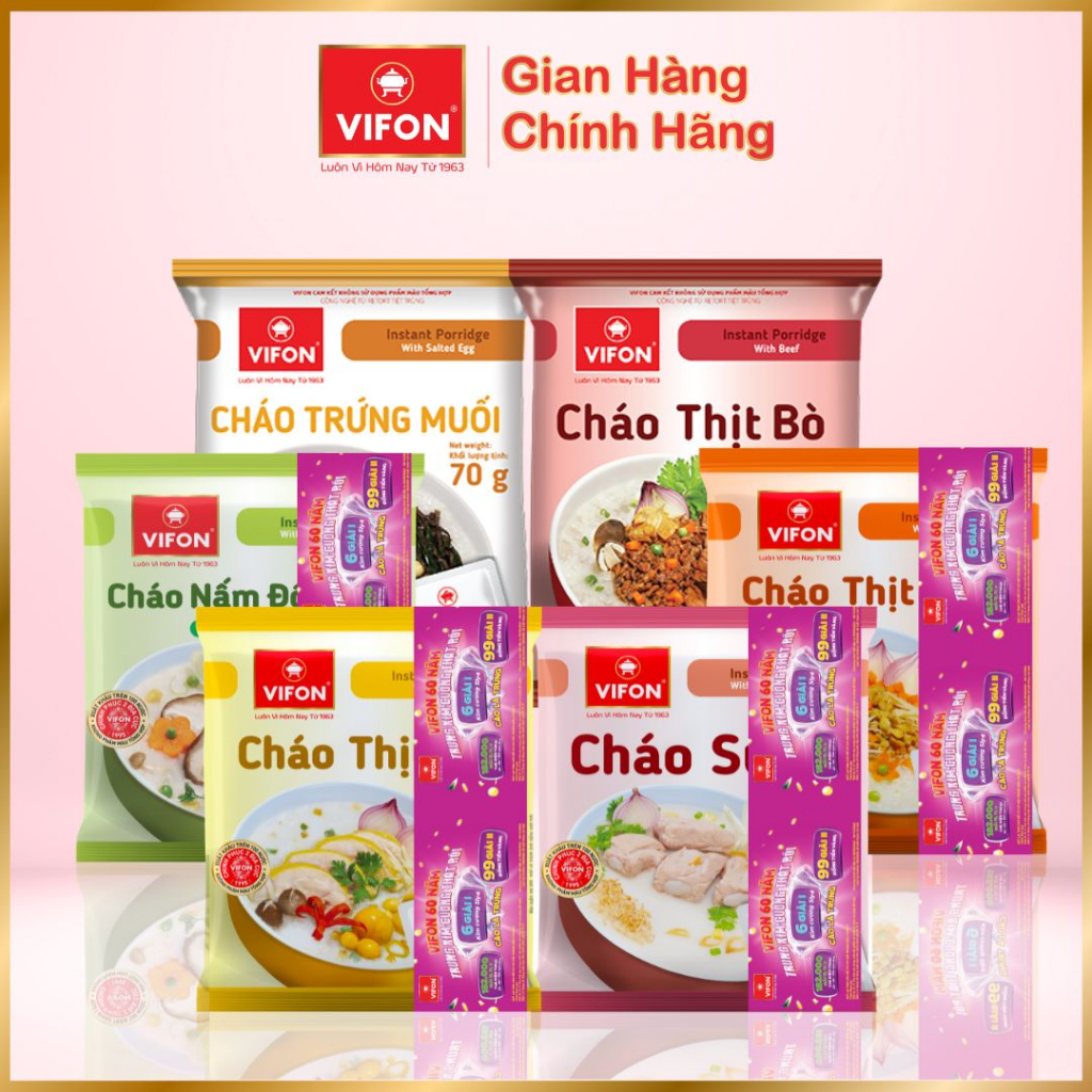 Set 10 gói Cháo Thịt Gà/ Thịt Bằm/ Cháo Sườn/ Nấm Đông Cô/Trứng muối/Thịt bò VIFON có Gói Thịt Thật 70gr/ gói