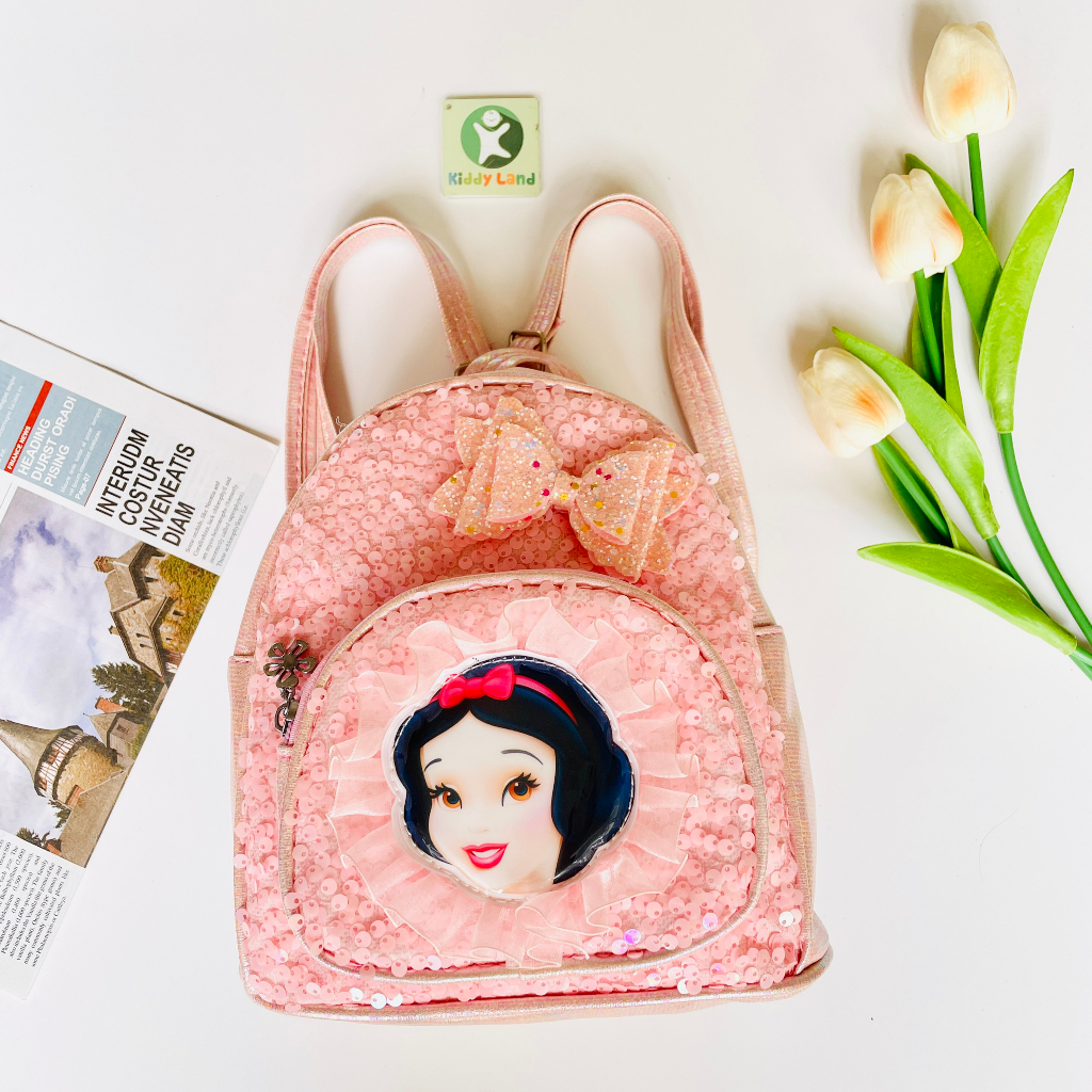Balo mẫu giáo cho bé đính kim sa hình ELSA, BẠCH TUYẾT có túi ngọc trai ren