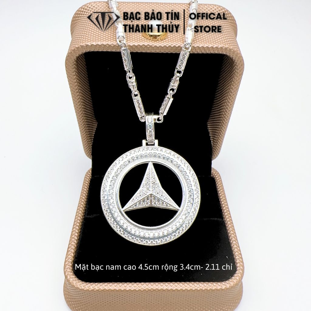 Mặt dây chuyền bạc nam Bảo Tín Thanh Thủy, mặt bạc hình tròn sao ba cánh đính đá cao 4.5cm rộng 3.4cm 2.11 chỉ bạc ta