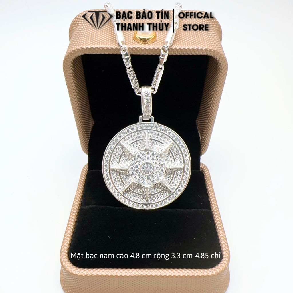 Mặt dây chuyền bạc nam Bảo Tín Thanh Thủy, mặt bạc hình tròn sao tám cánh đính đá cao 4.8cm rộng 3.3cm 4.85 chỉ bạc ta