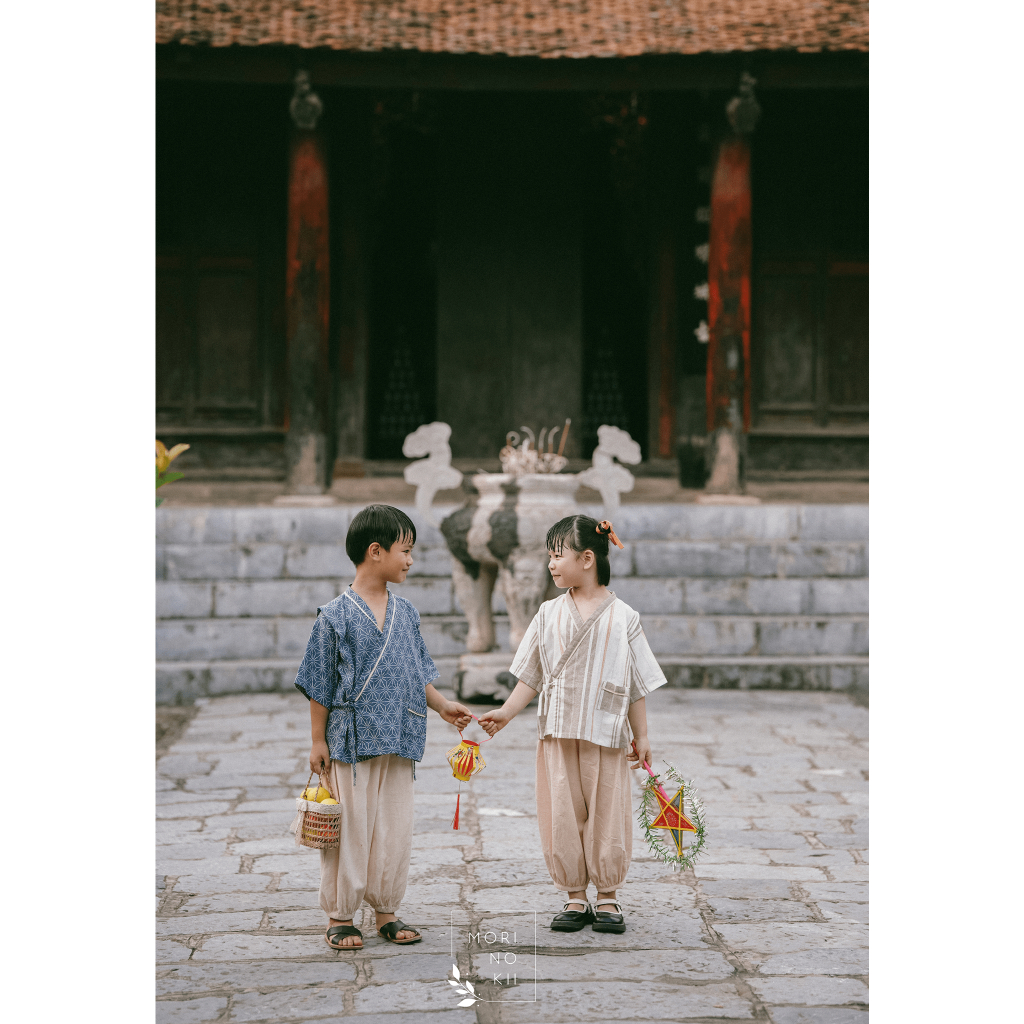 Áo Yukata linen hoa xanh cho bé trai, bé gái  | Morinokii