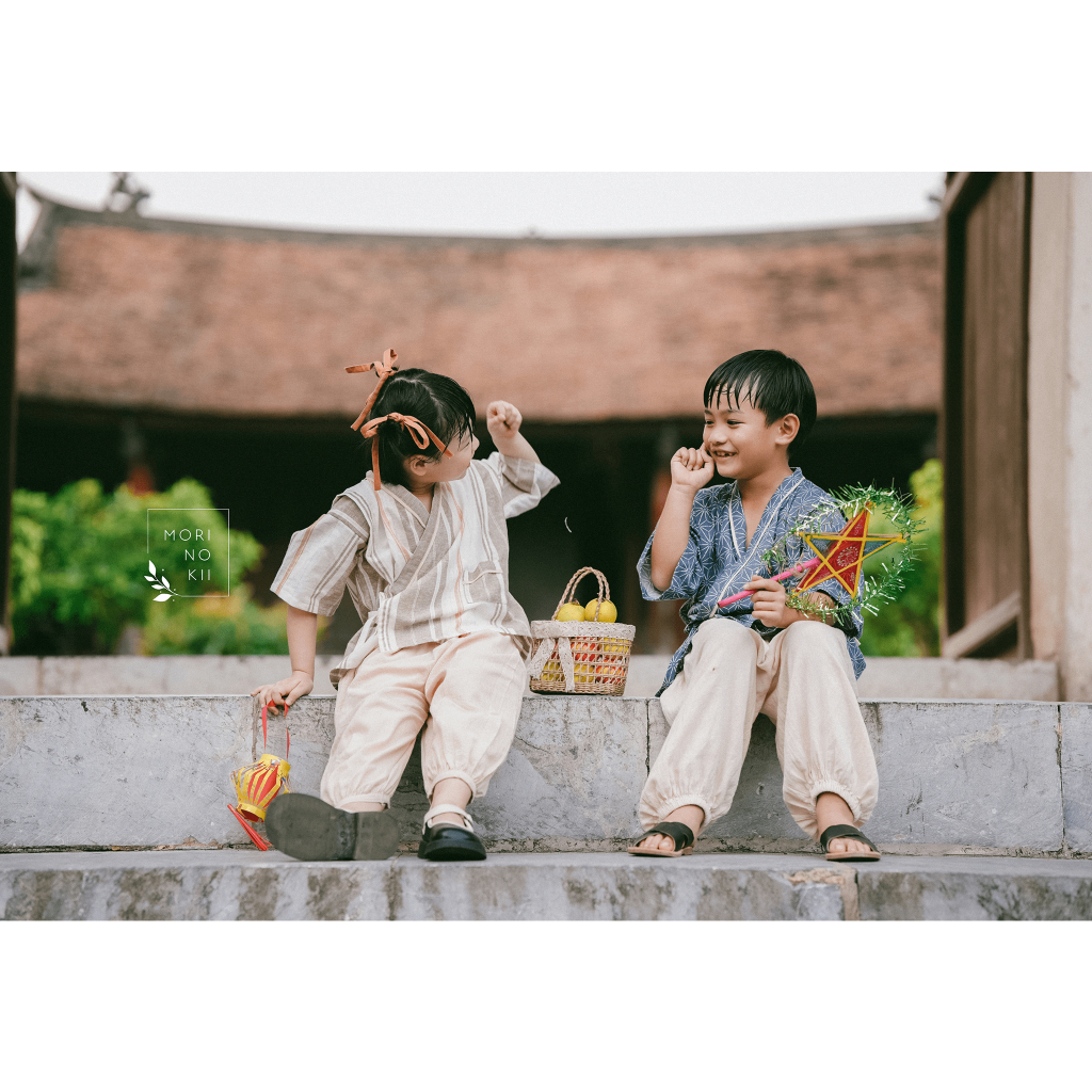 Áo Yukata linen hoa xanh cho bé trai, bé gái  | Morinokii