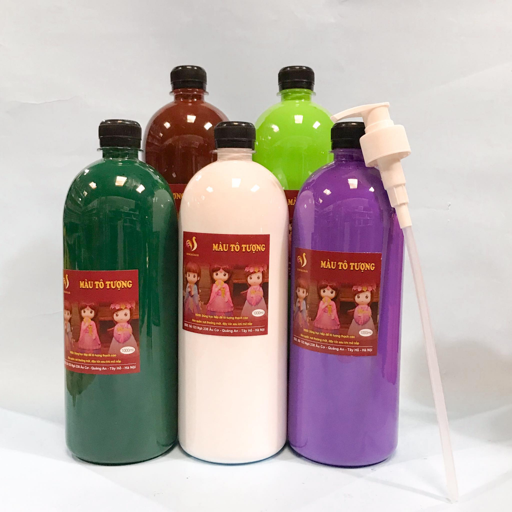 Bộ 20 Màu Nước Tô Tượng Thạch Cao Pha Sẵn Màu Thường HUNGACOLOR Chai 1000ml Kèm Vòi Nhấn