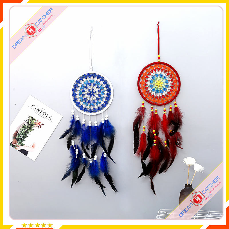 Chuông gió treo cửa Dreamcatcher phụ kiện trang trí phòng ngủ lưới bắt giấc mơ có gắn lông vũ