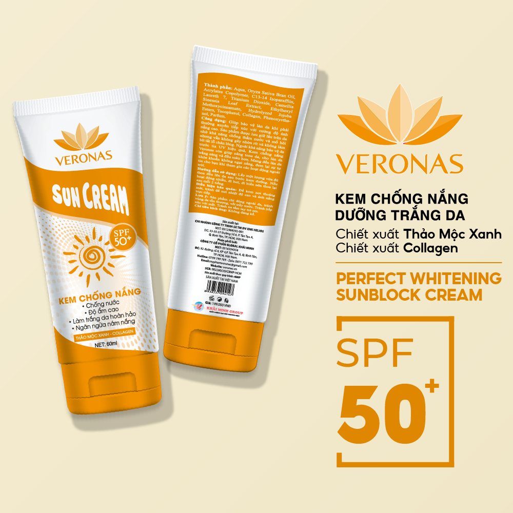 Kem chống nắng dưỡng ẩm giúp phục hồi da trắng hồng không trôi nước Sun Cream SPF 50+ Veronas 60ml