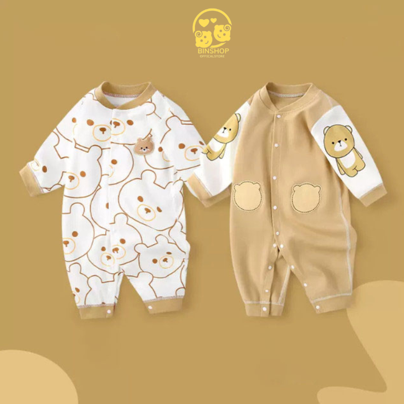 Bodysuit cho bé dài tay Hình Gấu dễ thương, Áo liền quần cho bé chất Cotton mềm mịn mẫu quần áo sơ sinh cho bé 0-12M