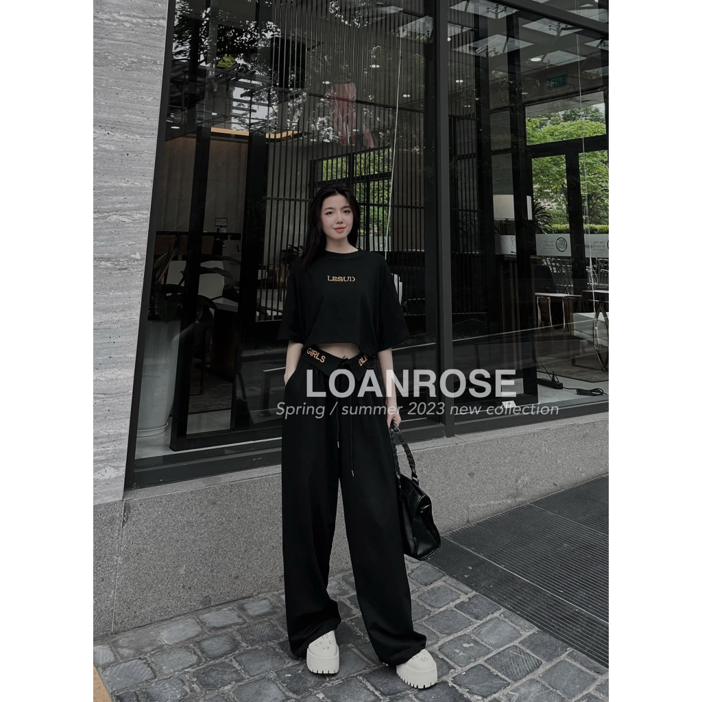Set Bộ Đồ Nữ Áo Thun Croptop Cánh Dơi Rút Dây Phối Quần Suông Bẻ Lai