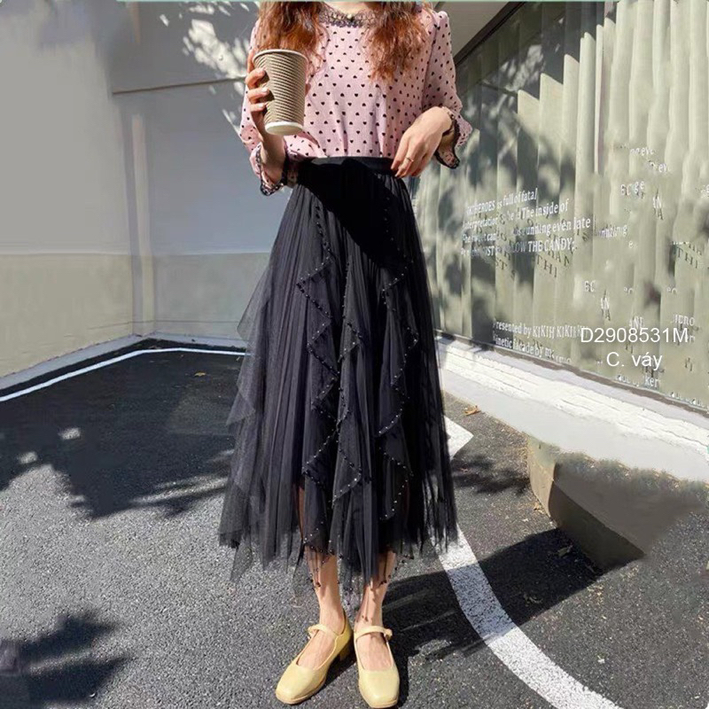Chân váy voan lưới dài xoè xếp li đính hột hàng QC!