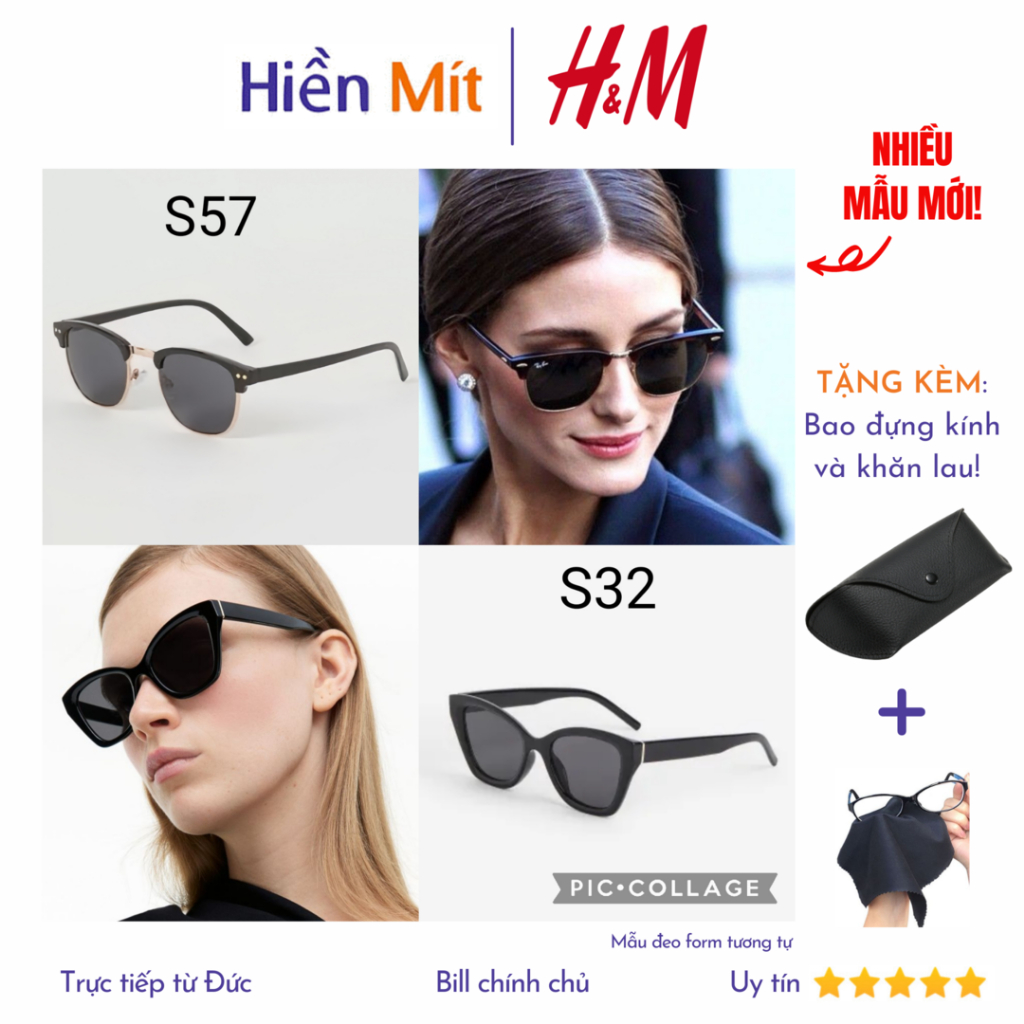 H&M Đức - 50 Mẫu kính chống tia UV râm chuẩn auth authentic chính hãng mắt mèo kim loại nâu HM hồng đen nam nữ SALE mát