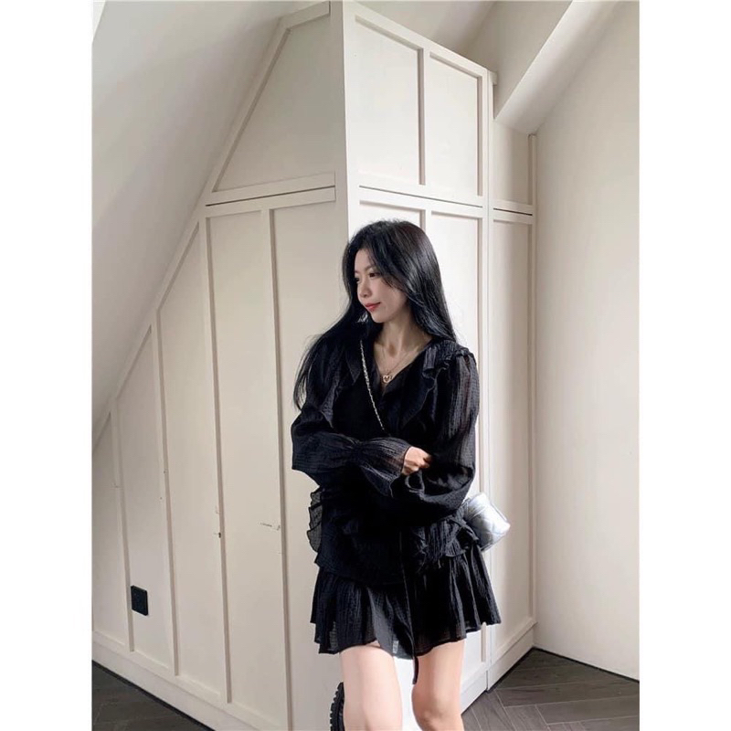 Set áo sơ mi tay loe bèo ngực phối chân váy chất voan mềm hai lớp