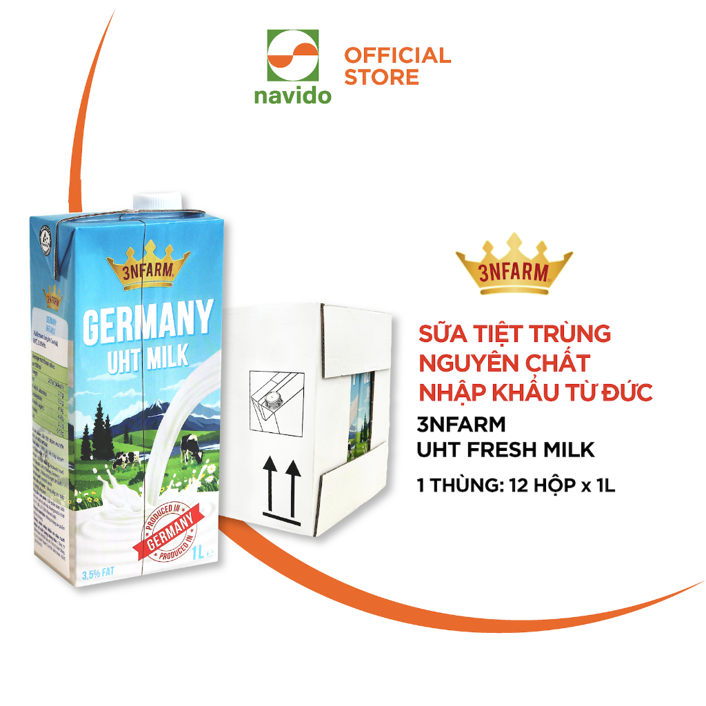HSD 8/2024 | Thùng 12 hộp 1L | 3NFarm UHT Fresh Milk - Sữa tiệt trùng nguyên chất nhập khẩu từ Đức