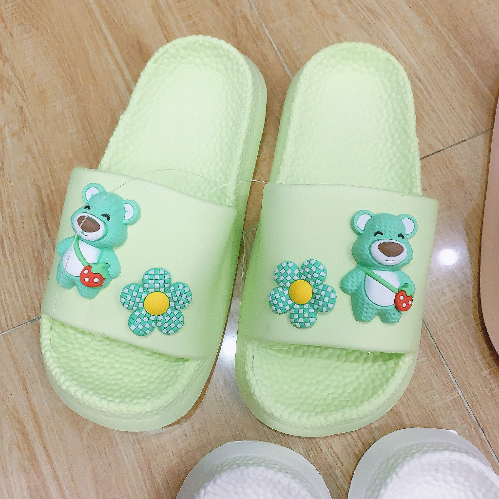 Dép bánh mì nữ quai ngang gắn sticker GẤU HOA cute iDÉP- DL263