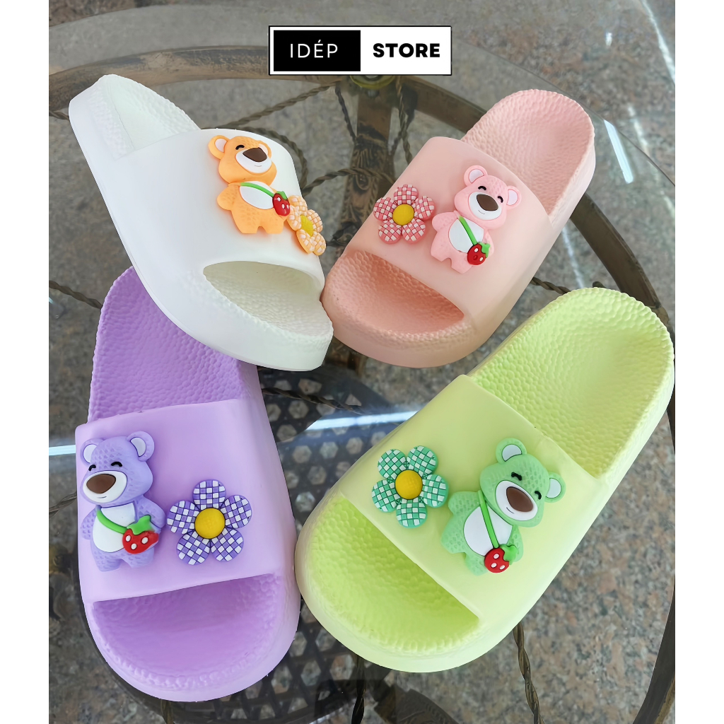 Dép bánh mì nữ quai ngang gắn sticker GẤU HOA cute iDÉP- DL263