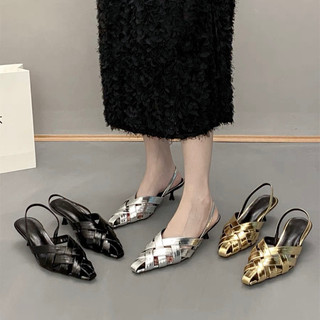 Giày cao gót Slingback mũi vuông nhỏ đan dây 4cm có bigsize 40 41 42 cho nàng ngoại cỡ - Toffly Shoes