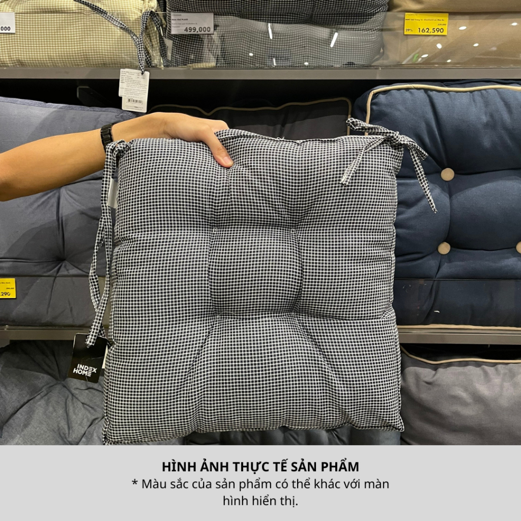 Đệm vuông ngồi bệt, gối lót ghế, tựa lưng sofa có dây buộc PLAID nệm bọc vải polyester màu xanh, kích thước 45x45x9cm