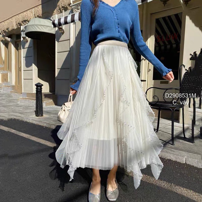 Chân váy voan lưới dài xoè xếp li đính hột hàng QC!
