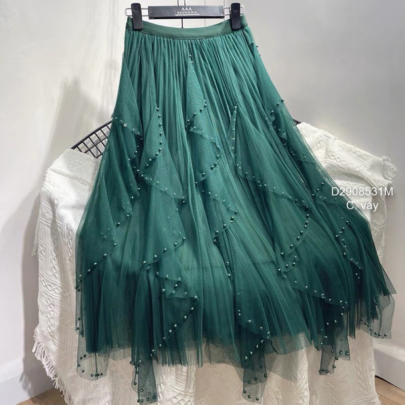 Chân váy voan lưới dài xoè xếp li đính hột hàng QC!