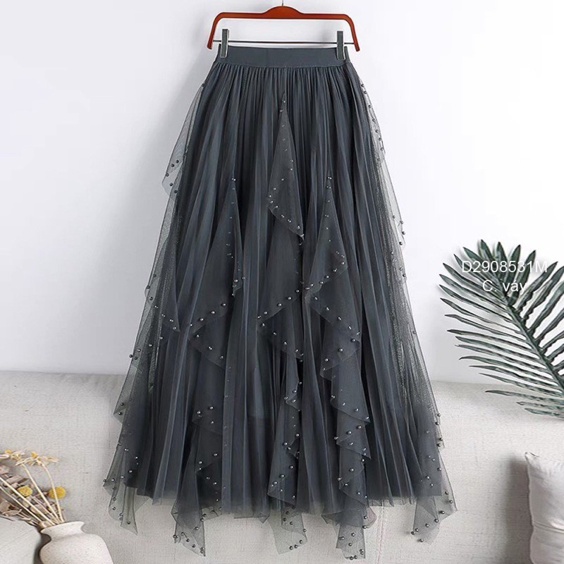 Chân váy voan lưới dài xoè xếp li đính hột hàng QC!