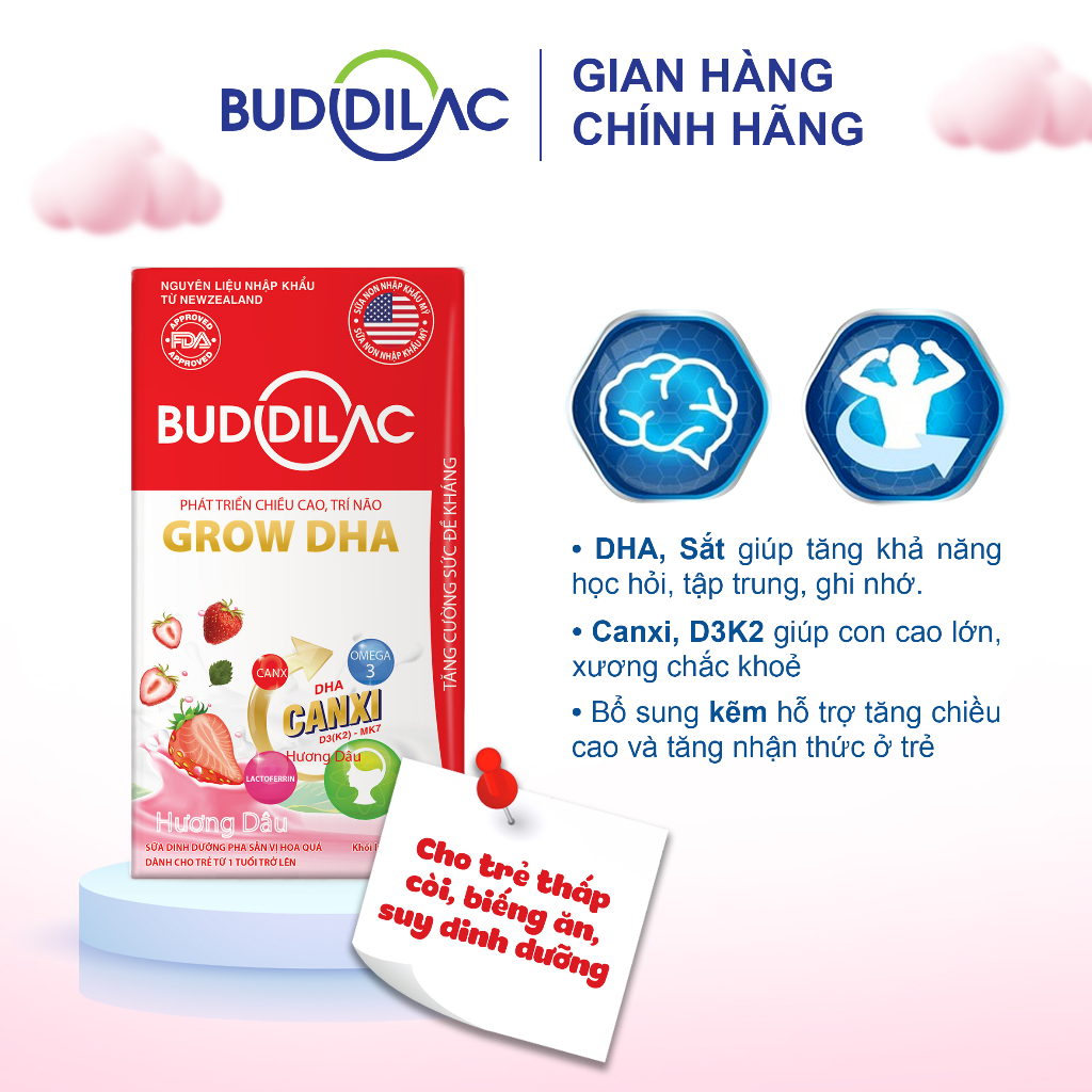 Sữa Pha Sẵn Buddilac Grow DHA - Phát Triển Chiều Cao, Trí Não Cho Bé Trên 1 Tuổi (1 thùng 48 hộp 110ml)