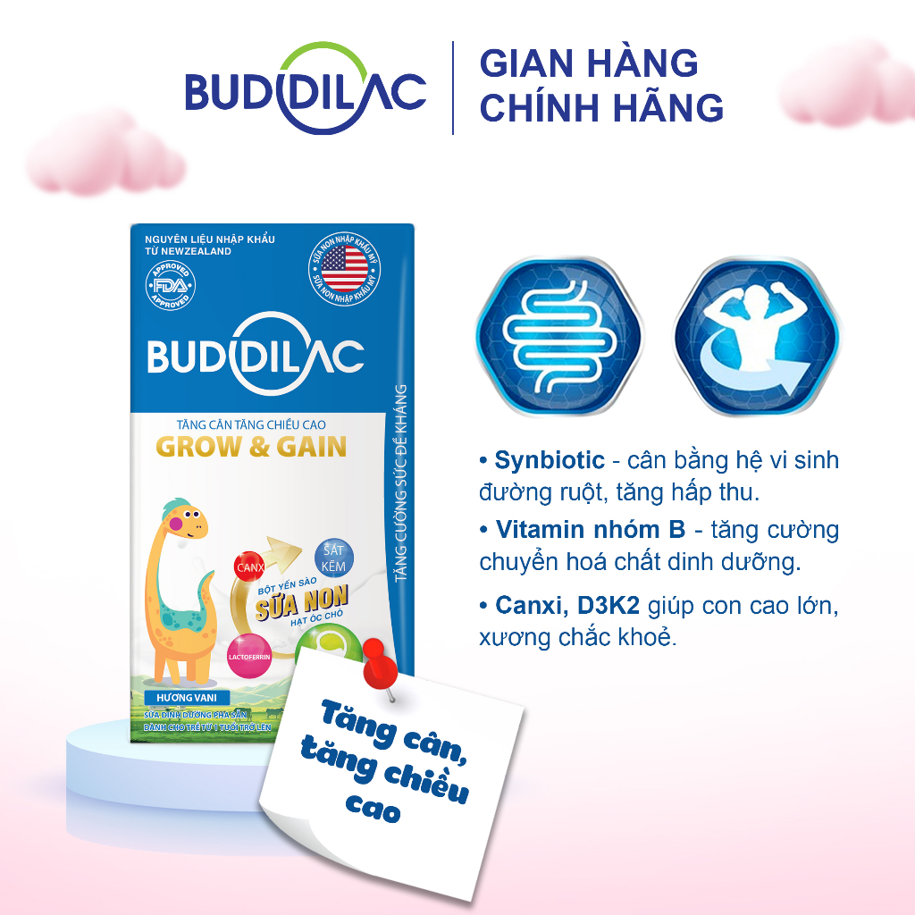 Sữa Công Thức Pha Sẵn Buddilac Grow & Gain – Giúp Tăng Cân, Tăng Chiều Cao cho bé trên 1 tuổi