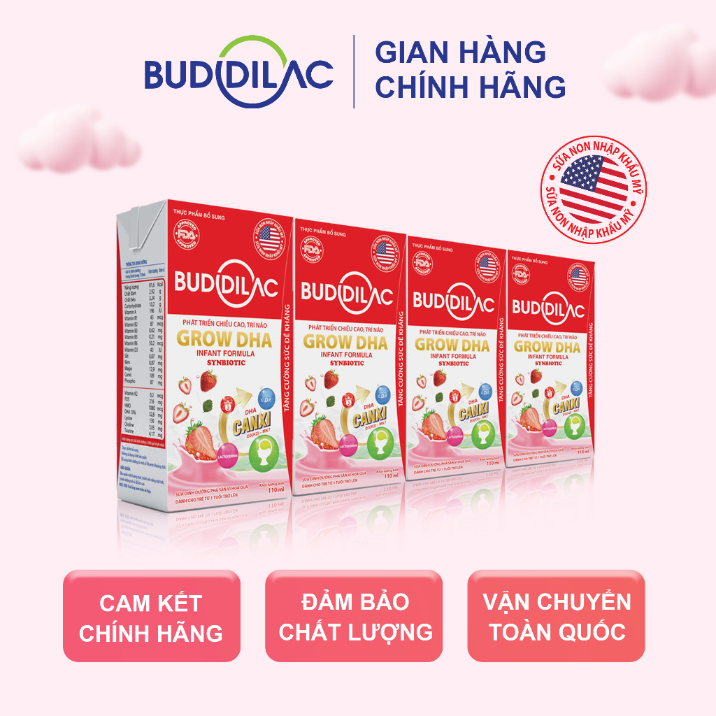 Sữa Pha Sẵn Buddilac Grow DHA - Phát Triển Chiều Cao, Trí Não Cho Bé Trên 1 Tuổi (1 thùng 48 hộp 110ml)