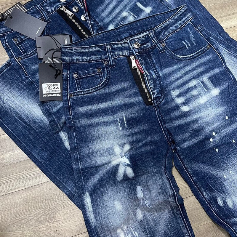 Quần jean bò nam Dsq2 biker slimfit khoá lệch wash xanh bạc rách vảy sơn trắng phong cách boy phố Hottrend 2023