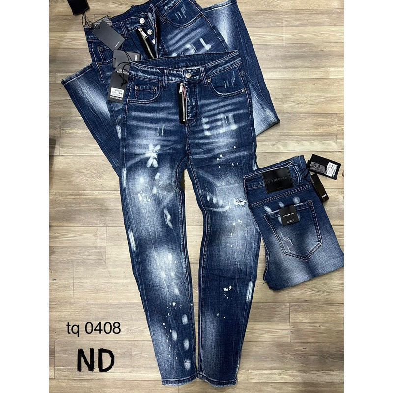 Quần jean bò nam Dsq2 biker slimfit khoá lệch wash xanh bạc rách vảy sơn trắng phong cách boy phố Hottrend 2023