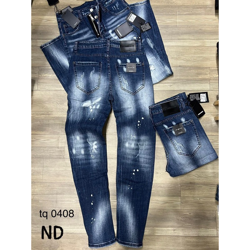 Quần jean bò nam Dsq2 biker slimfit khoá lệch wash xanh bạc rách vảy sơn trắng phong cách boy phố Hottrend 2023
