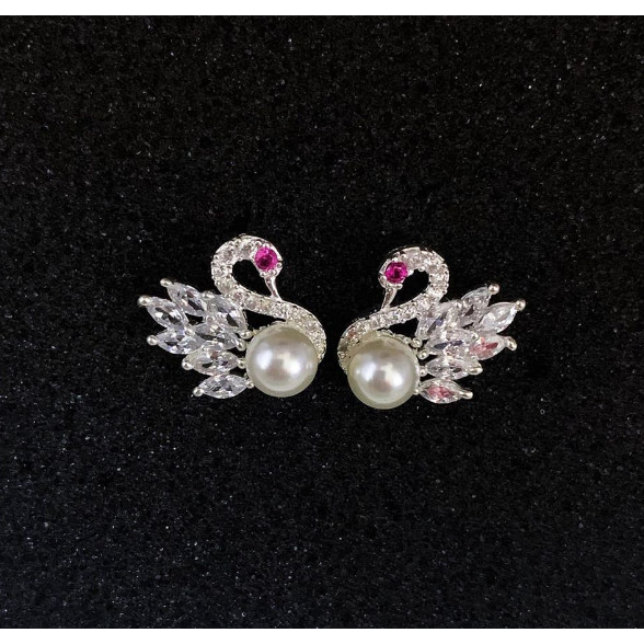 Đôi Bông Tai Ngọc Trai Hình Thiên Nga Đính Hạt 8ly Sang Trọng Khóa Bac - Ngọc Trai Trường Thịnh