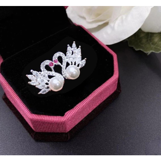 Đôi Bông Tai Ngọc Trai Hình Thiên Nga Đính Hạt 8ly Sang Trọng Khóa Bac - Ngọc Trai Trường Thịnh