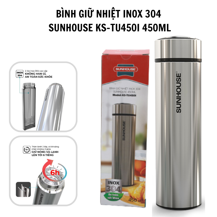 Bình giữ nhiệt Inox 304 Sunhouse KS-TU450I 450ml