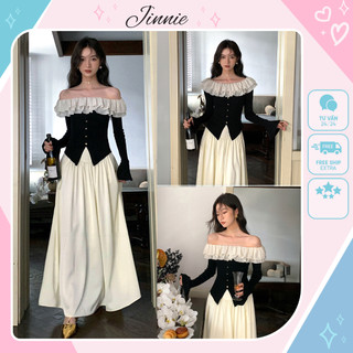 Set áo trễ vai bèo mix chân váy dáng dài xoè siêu xinh tiểu thư hàng QC