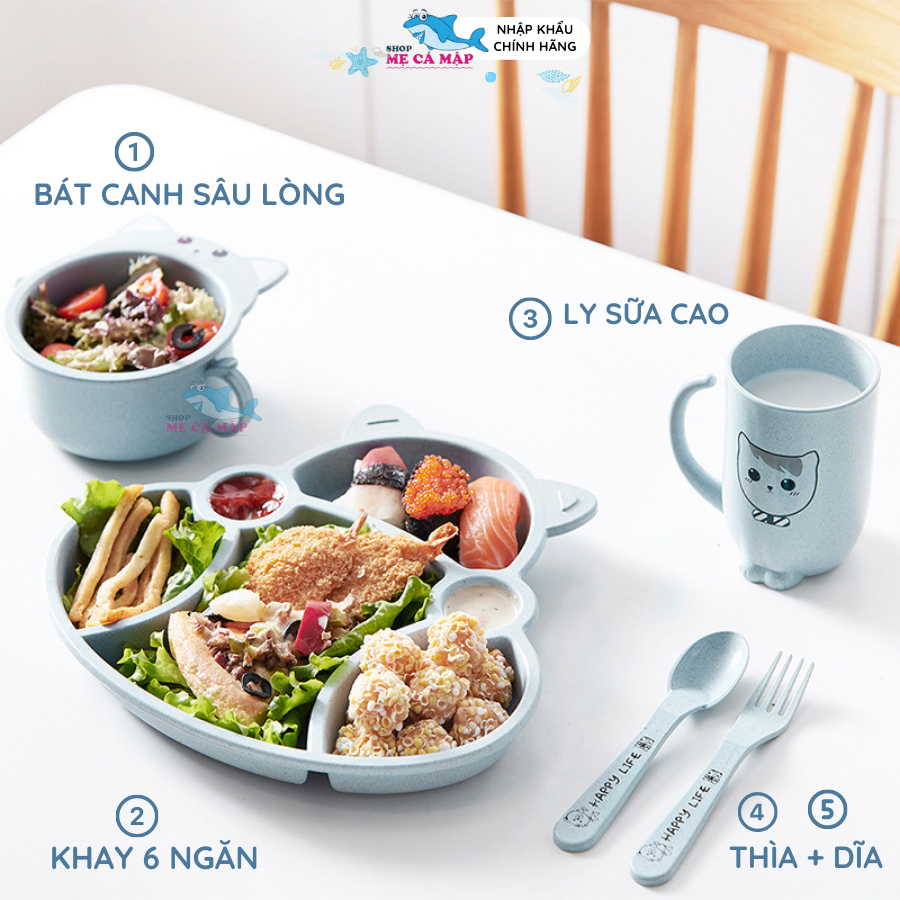 Khay Ăn Dặm Chia Ngăn Chất Liệu Lúa Mạch An Toàn Cho Bé, Bát Ăn Dặm Cho Bé Hình Mèo Đáng Yêu