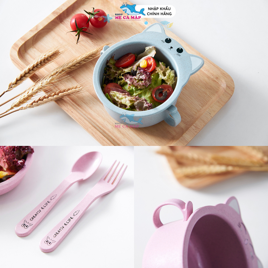 Khay Ăn Dặm Chia Ngăn Chất Liệu Lúa Mạch An Toàn Cho Bé, Bát Ăn Dặm Cho Bé Hình Mèo Đáng Yêu