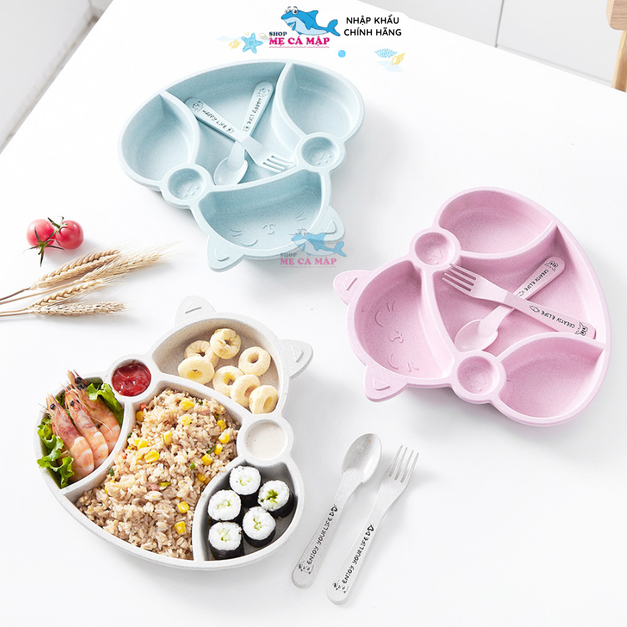 Khay Ăn Dặm Chia Ngăn Chất Liệu Lúa Mạch An Toàn Cho Bé, Bát Ăn Dặm Cho Bé Hình Mèo Đáng Yêu