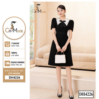 Đầm công sở CITI MODE FASHION thiết kế A đen đai eo cổ đính nơ DH4226