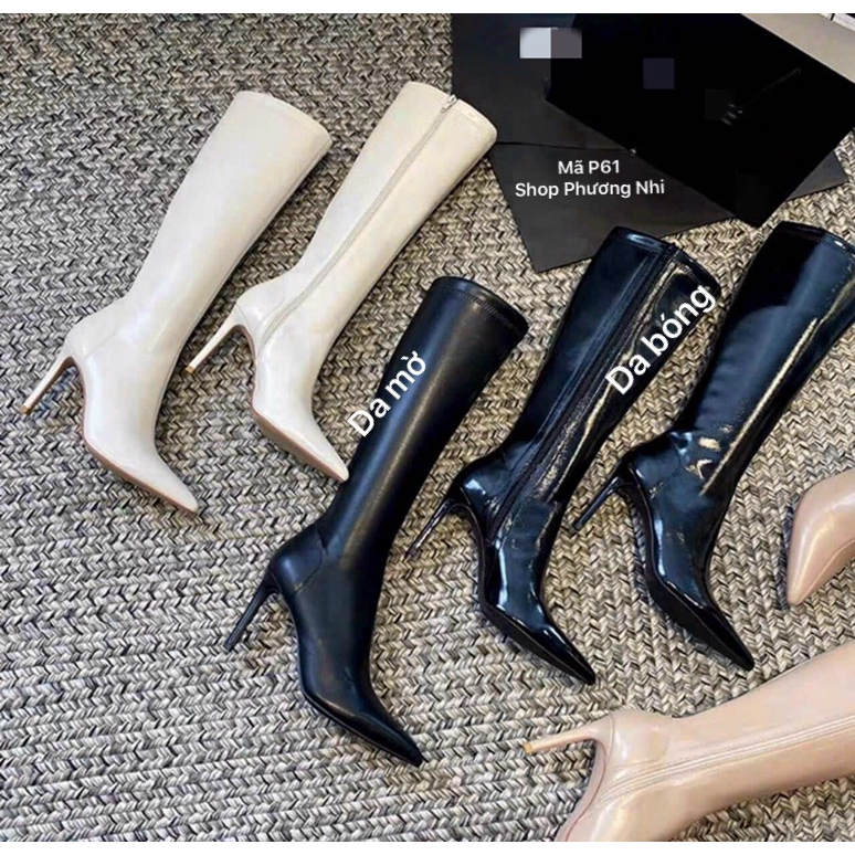 Bốt Đùi Dưới Gối Da Bóng Và Da Lì Gót Nhọn 8cm Khóa Sườn Lót Nỉ  2 Màu Đen Trắng Kem Mã P61 Shop Phương Nhi