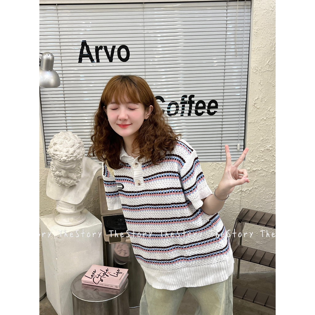 Áo polo sọc ngang trắng  A3189