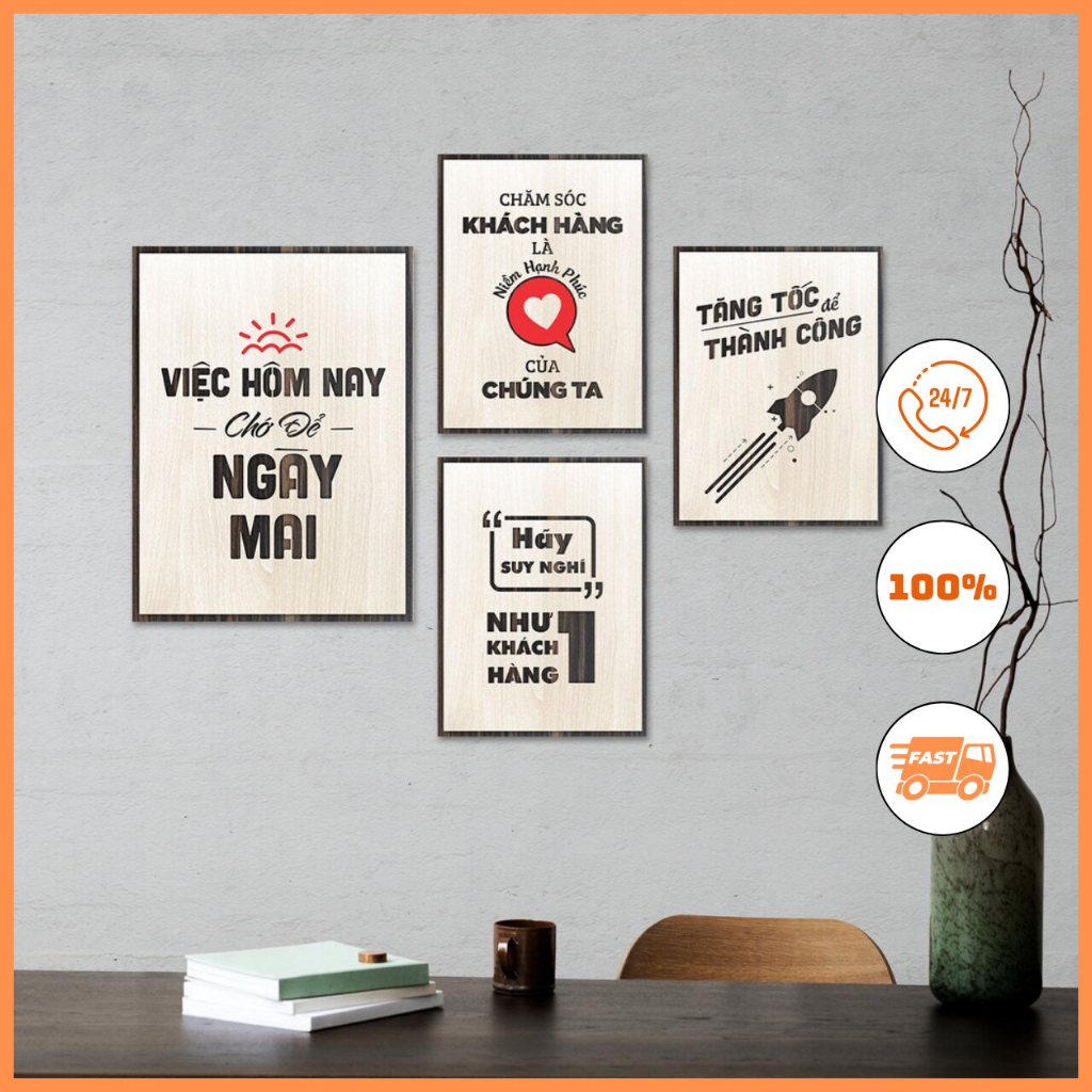 Combo 4 Tranh Slogan trang trí phòng bằng gỗ slogan giúp tăng nhiệt huyết cho nhân viên