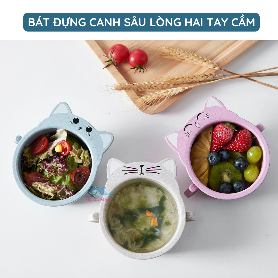 Khay Ăn Dặm Chia Ngăn Chất Liệu Lúa Mạch An Toàn Cho Bé, Bát Ăn Dặm Cho Bé Hình Mèo Đáng Yêu