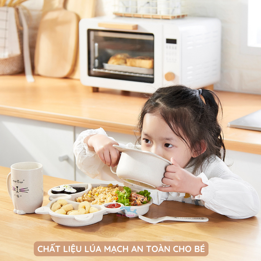 Khay Ăn Dặm Chia Ngăn Chất Liệu Lúa Mạch An Toàn Cho Bé, Bát Ăn Dặm Cho Bé Hình Mèo Đáng Yêu