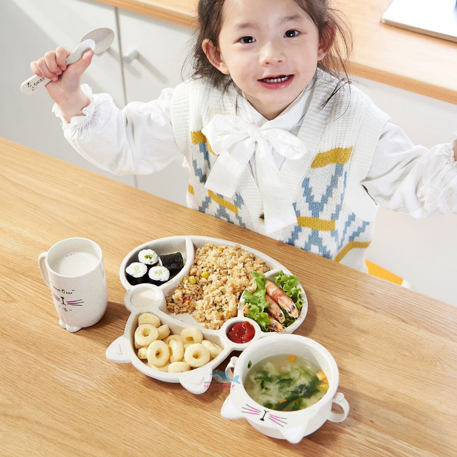 Khay Ăn Dặm Chia Ngăn Chất Liệu Lúa Mạch An Toàn Cho Bé, Bát Ăn Dặm Cho Bé Hình Mèo Đáng Yêu