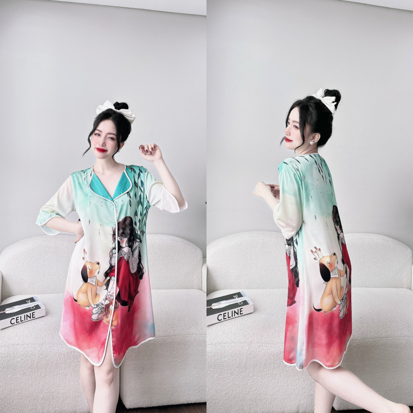 Đầm ngủ sơ mi lụa latin tơ tằm in họa tiết 3D cao cấp.