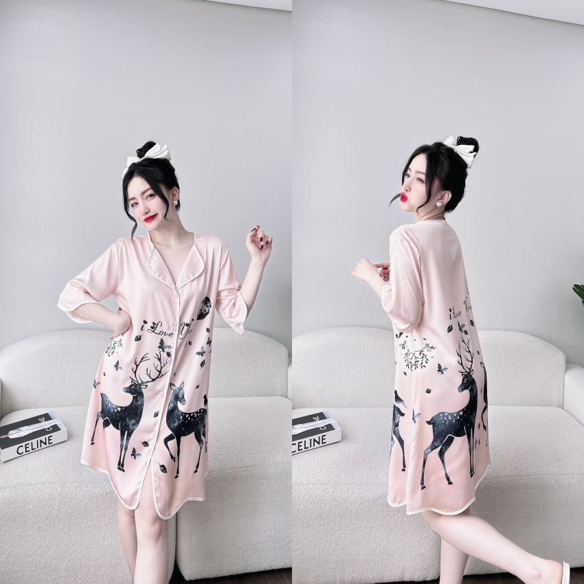 Đầm ngủ sơ mi lụa latin tơ tằm in họa tiết 3D cao cấp.