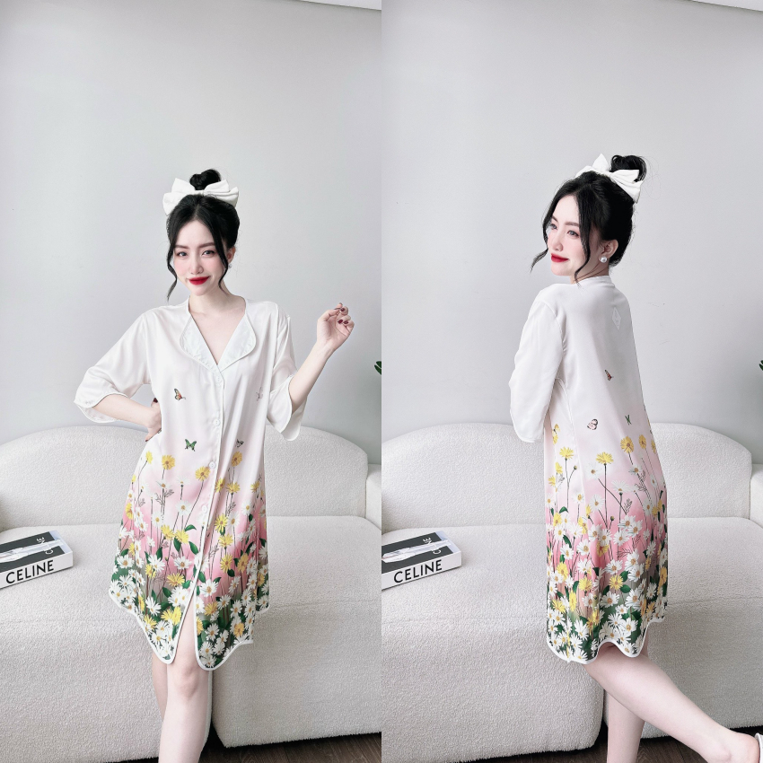 Đầm ngủ sơ mi lụa latin tơ tằm in họa tiết 3D cao cấp.