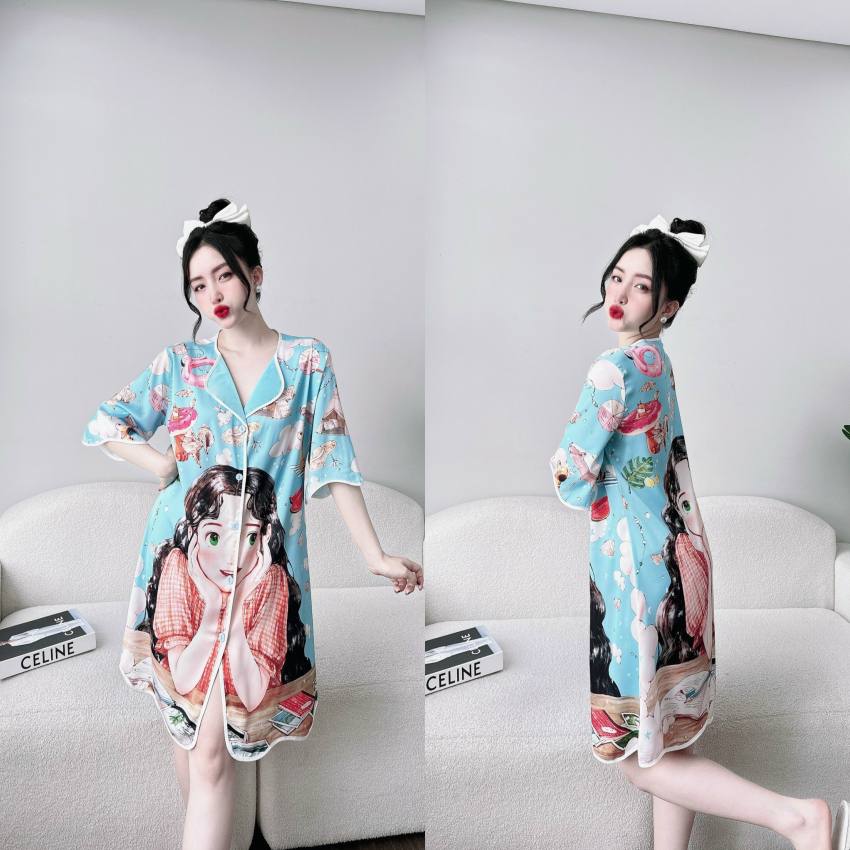 Đầm ngủ sơ mi lụa latin tơ tằm in họa tiết 3D cao cấp.