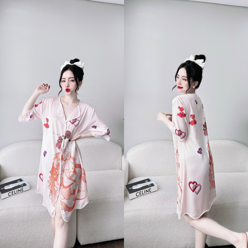 Đầm ngủ sơ mi lụa latin tơ tằm in họa tiết 3D cao cấp.