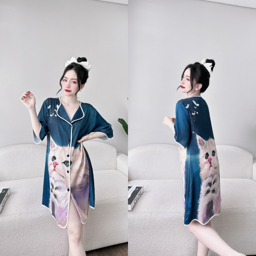 Đầm ngủ sơ mi lụa latin tơ tằm in họa tiết 3D cao cấp.