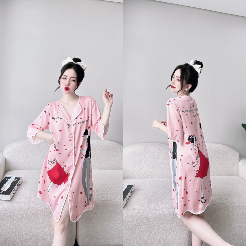 Đầm ngủ sơ mi lụa latin tơ tằm in họa tiết 3D cao cấp.